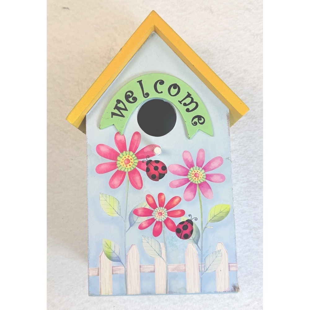 Wooden Welcome Birdhouse Wall Hanging Pink Flowers Ladybugs Spring Garden Decor